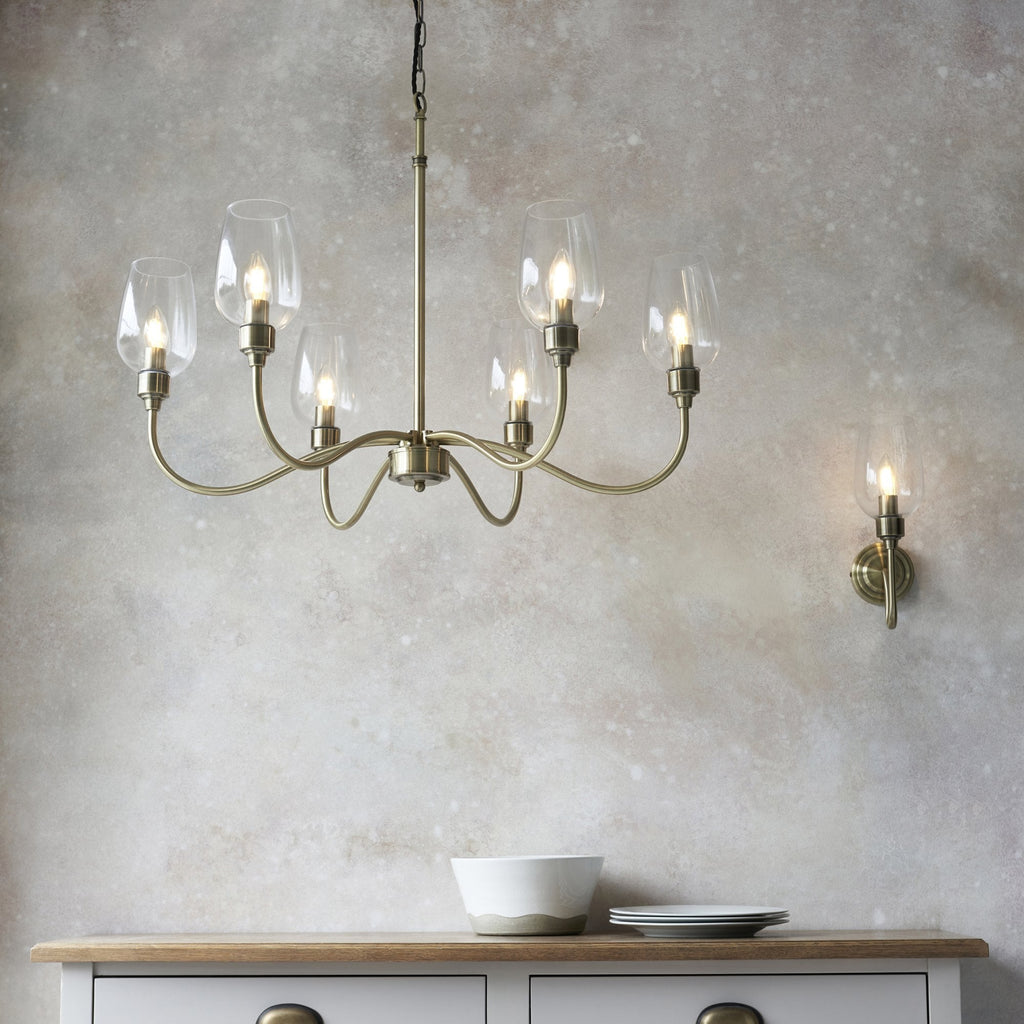 107791 Pendant 6 Light Antique Brass Plate And Clear Glass