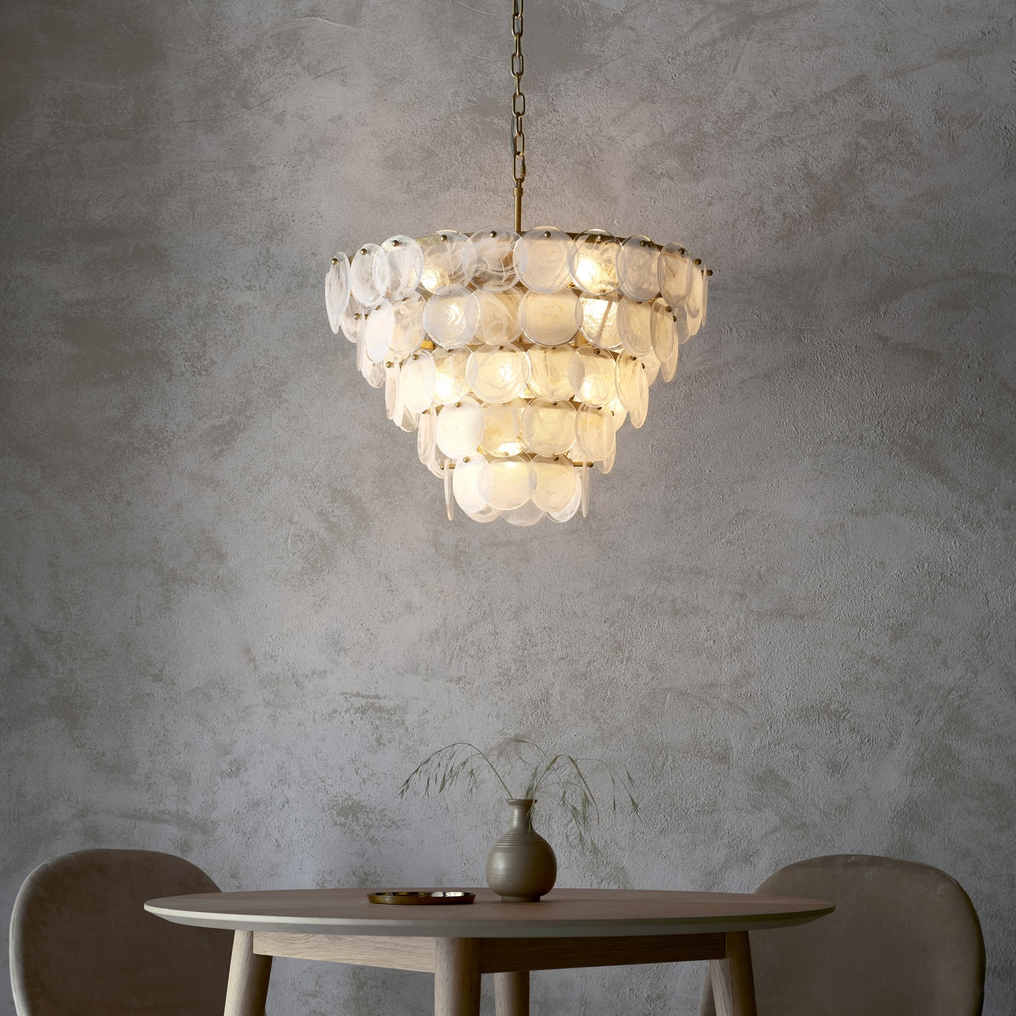 107939 Pendant 9 Light Antique Gold Paint With White And Clear Glass
