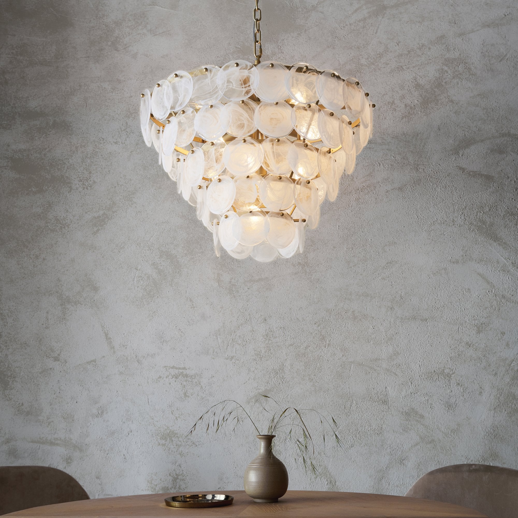 107939 Pendant 9 Light Antique Gold Paint With White And Clear Glass