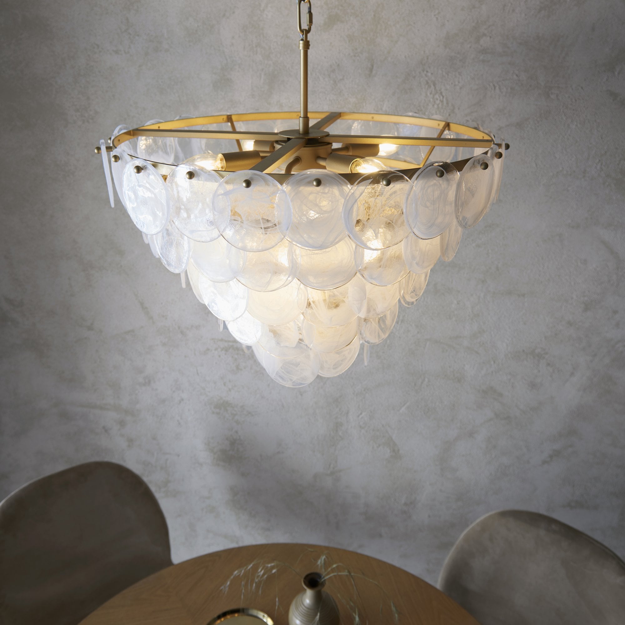 107939 Pendant 9 Light Antique Gold Paint With White And Clear Glass