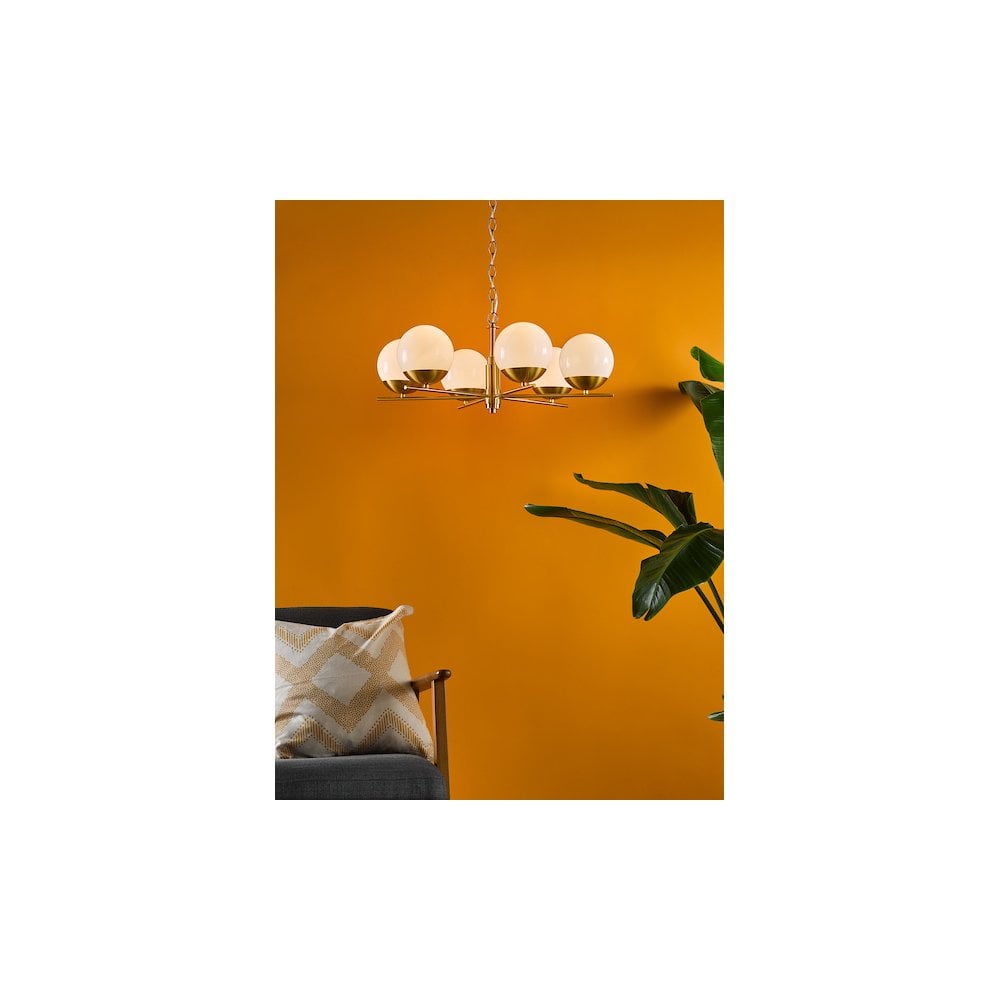 BOM0635 Bombazine 6 Light Pendant Natural Brass and Opal Glass