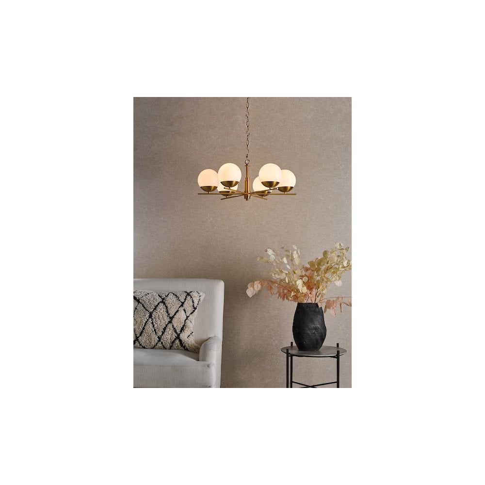 BOM0635 Bombazine 6 Light Pendant Natural Brass and Opal Glass