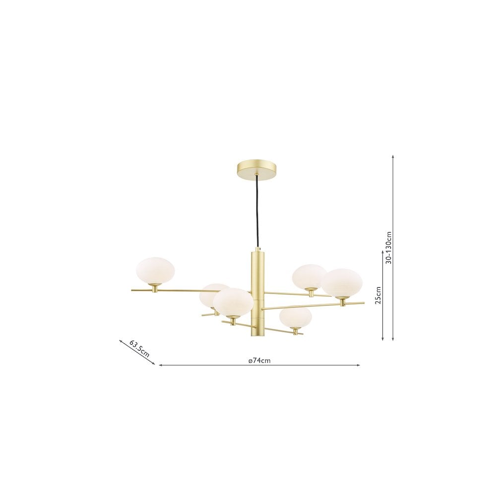 JAS0635 Jasper 6 Light Pendant Satin Gold and Opal Glass