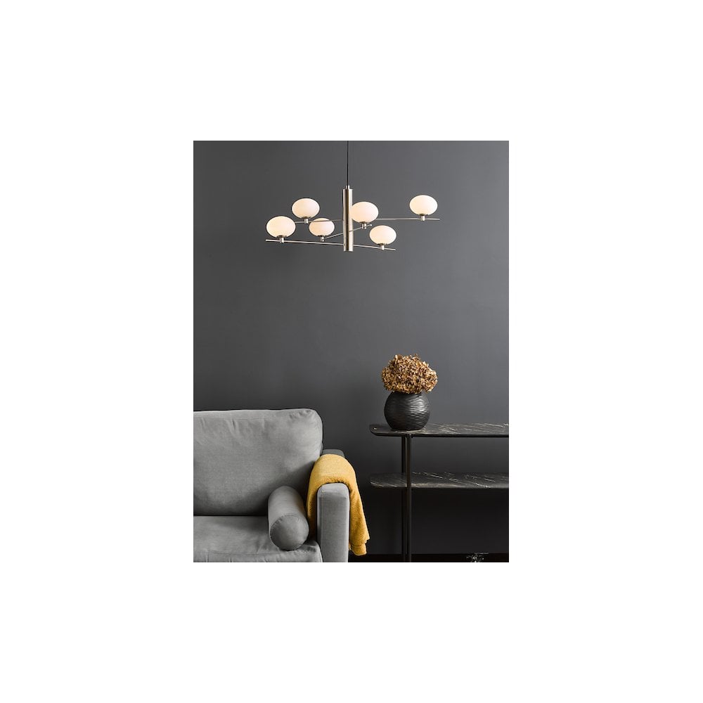 JAS0646 Jasper 6 Light Pendant Satin Nickel and Opal Glass