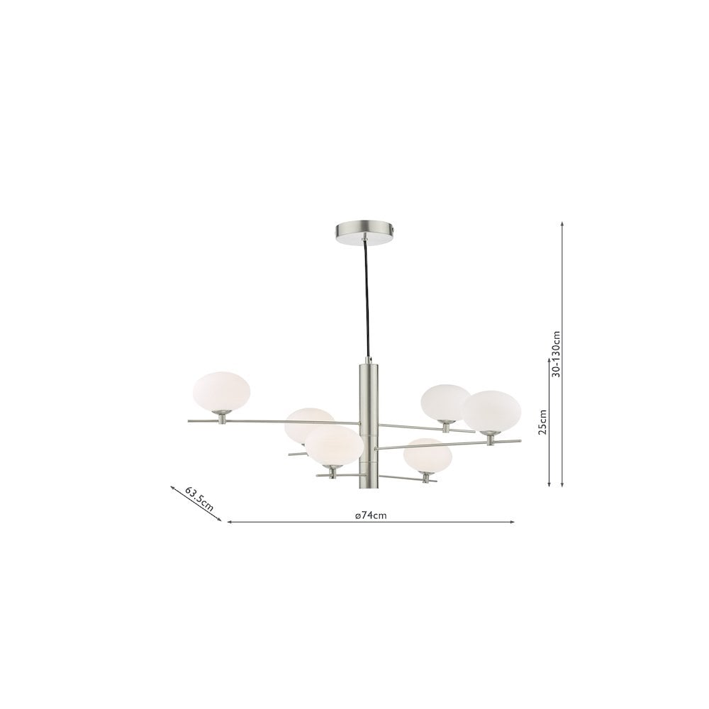 JAS0646 Jasper 6 Light Pendant Satin Nickel and Opal Glass