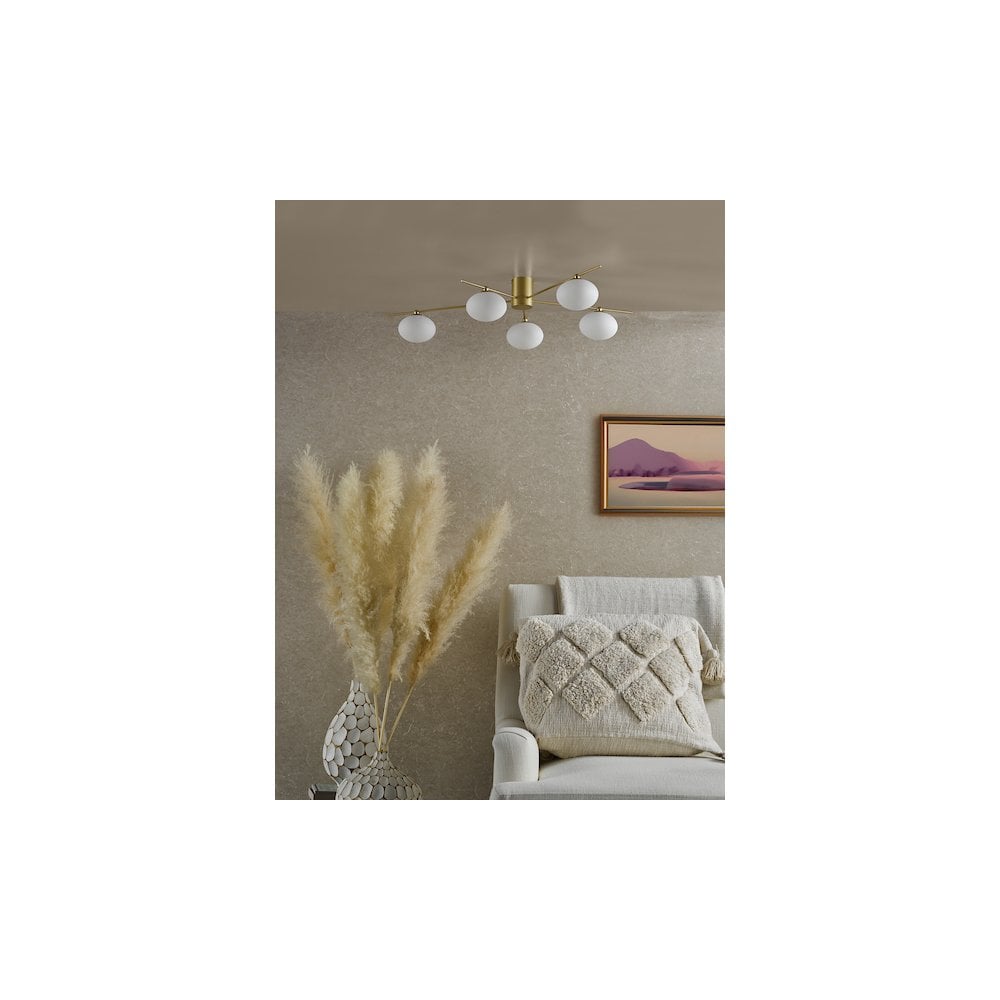 JAS5435 Jasper 5 Light Semi-Flush Satin Gold and Opal Glass