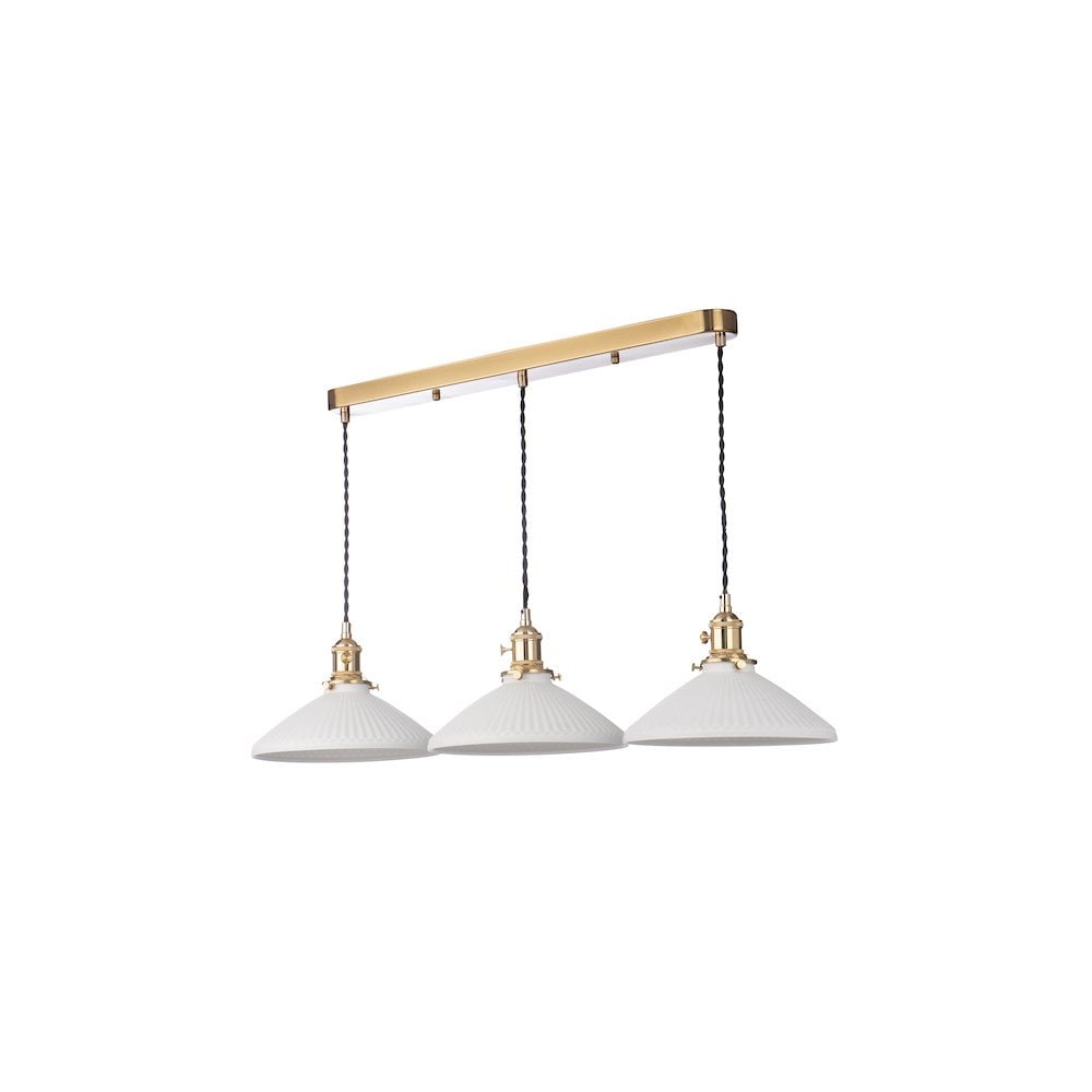 HAD3640-10 Hadano 3 Light Bar Pendant Natural Brass & Ceramic Shallow Shade