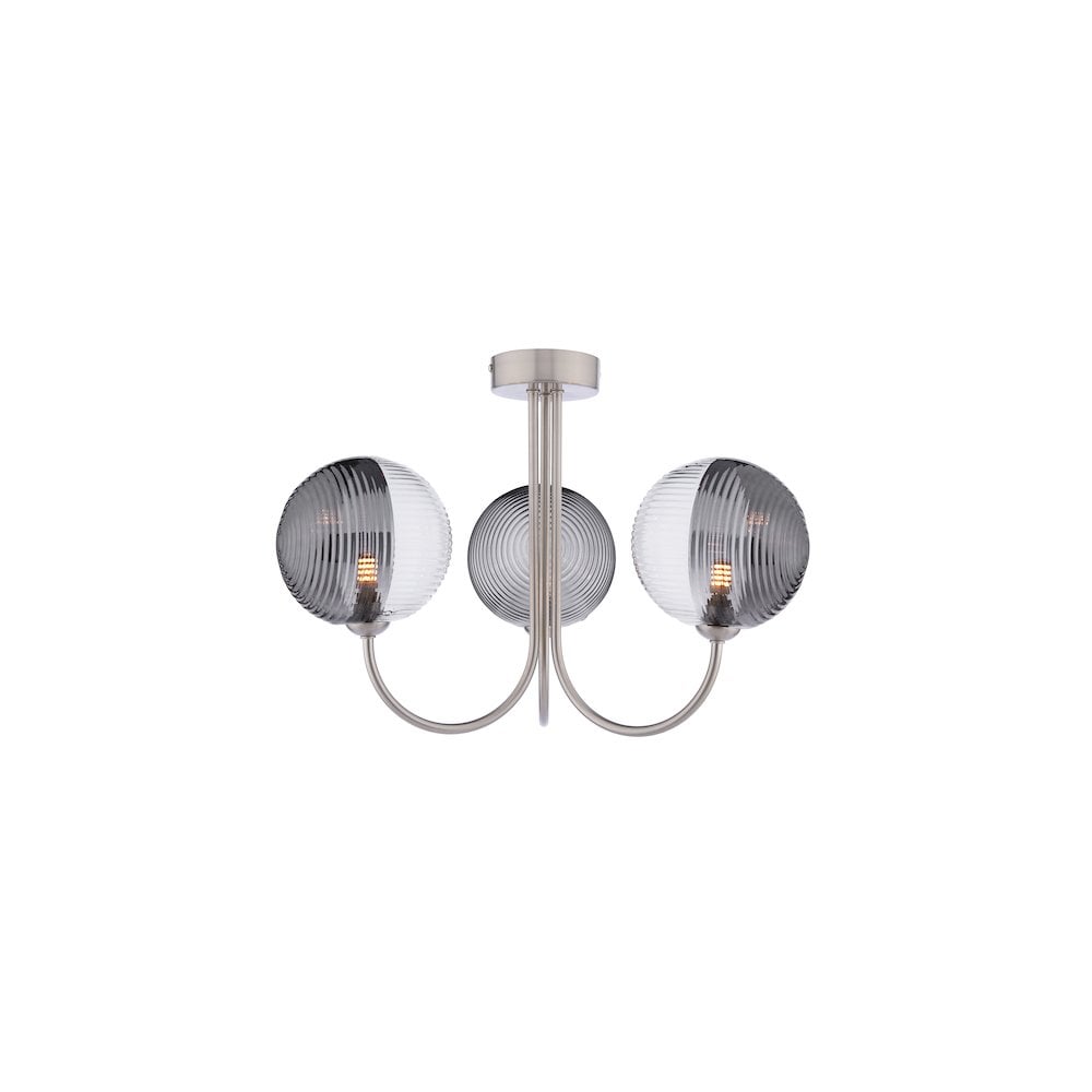 JAR0338-19 Jared 3 Light Semi-Flush Satin Nickel & Smoked/Clear Ribbed Glass