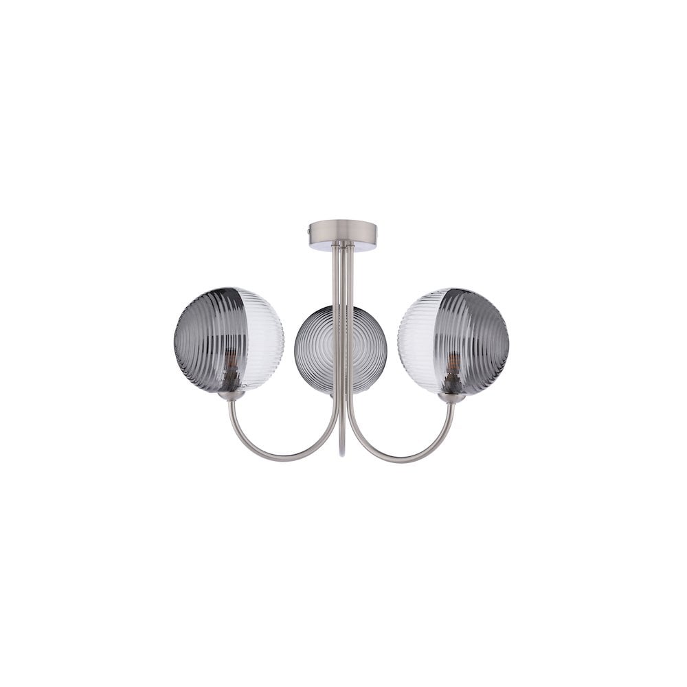 JAR0338-19 Jared 3 Light Semi-Flush Satin Nickel & Smoked/Clear Ribbed Glass