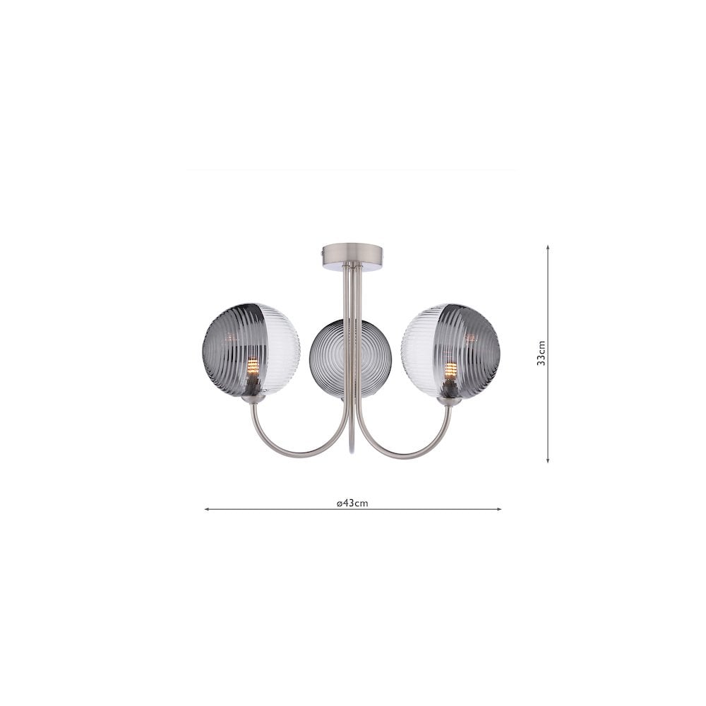 JAR0338-19 Jared 3 Light Semi-Flush Satin Nickel & Smoked/Clear Ribbed Glass