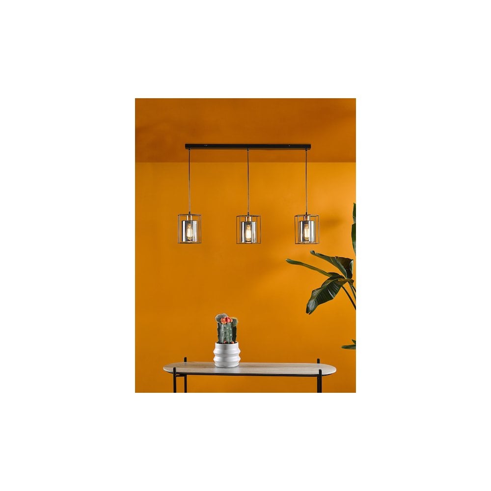 TAT0322 Tatum 3 Light Bar Pendant Matt Black and Smoked Glass