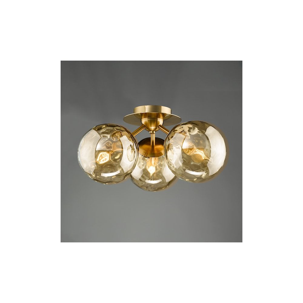 ULR5306 Ulrika 3 Light Semi-Flush Antique Brass and Amber Glass