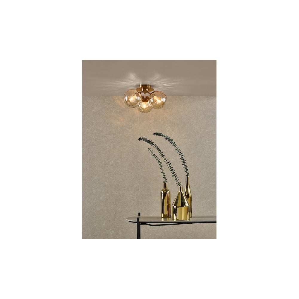 ULR5306 Ulrika 3 Light Semi-Flush Antique Brass and Amber Glass