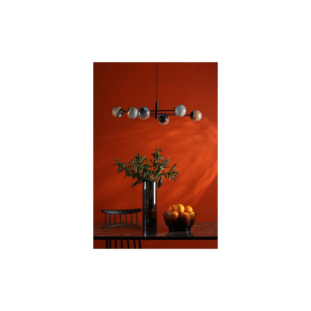 VIG0622-07L Vignette 6 Light Pendant Matt Black & Planet Style Glass