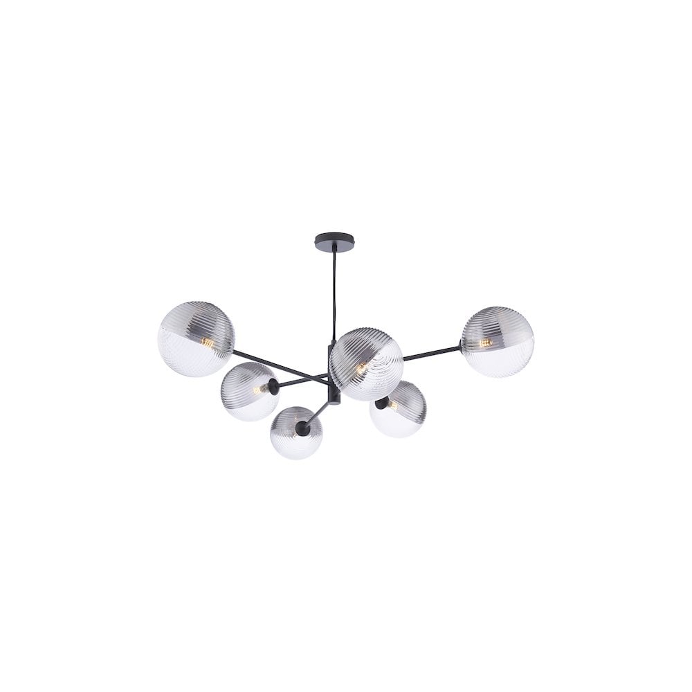 VIG0622-19 Vignette 6 Light Pendant Matt Black & Smoked/Clear Ribbed Glass