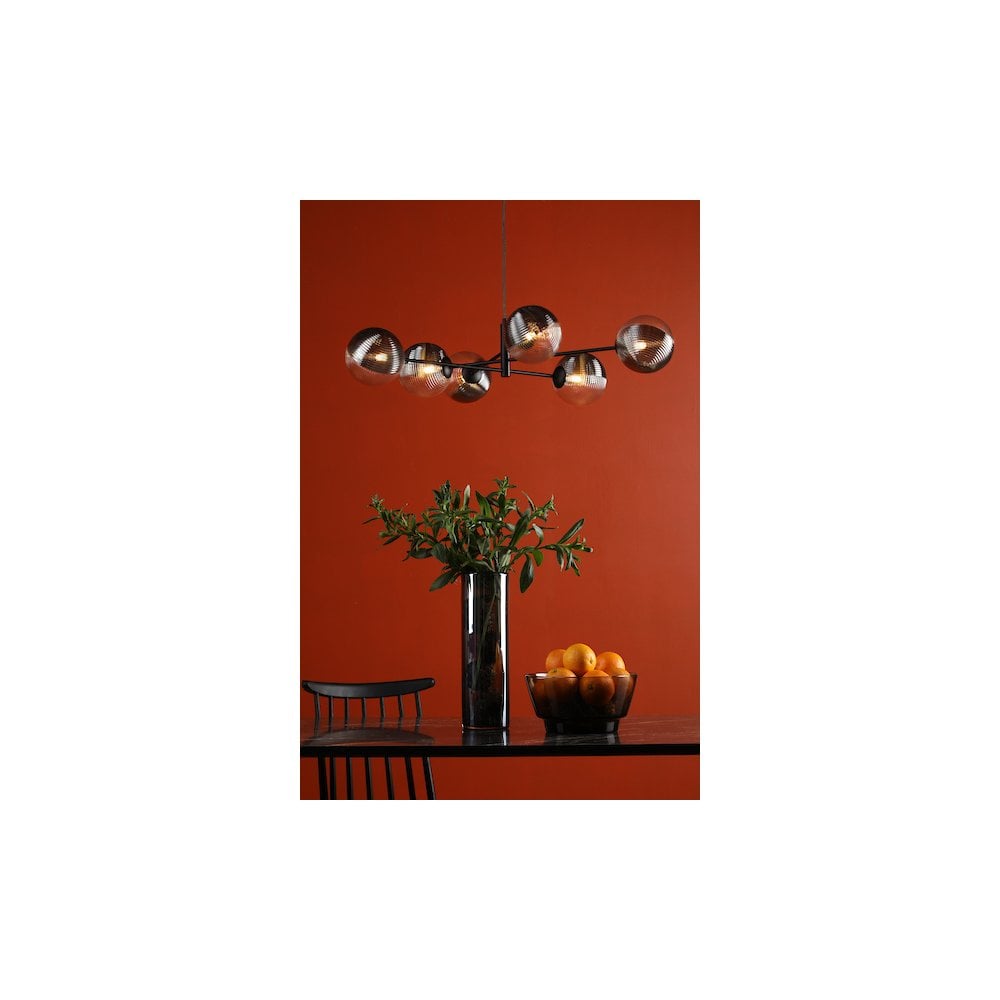 VIG0622-19 Vignette 6 Light Pendant Matt Black & Smoked/Clear Ribbed Glass