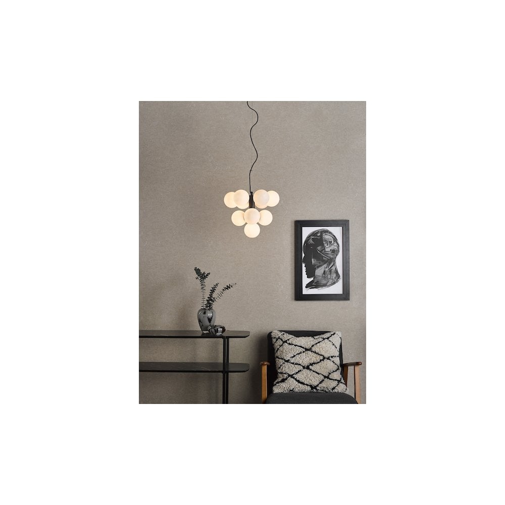 VIN2322-02 Vine 10 Light Pendant Satin Black & Opal Glass