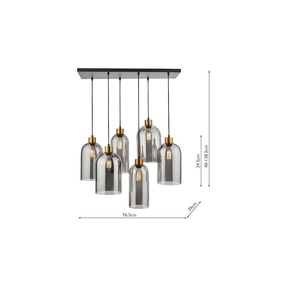 ALM6422 Alma 6 Light Bar Pendant Matt Black Smoked Glass