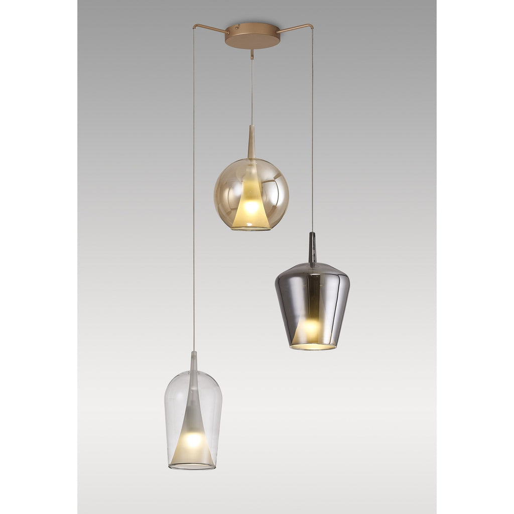 M8258 Elsa 3 Light Pendant With Mixed Shades Clear/Chrome/Bronze Glass With Frosted Inner Cone