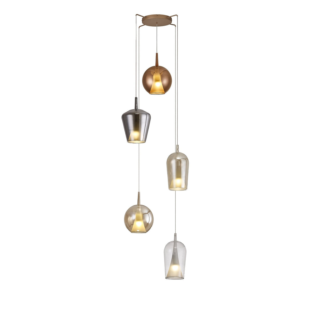 M8259 Elsa 5 Light Pendant With Mixed Shades Clear/Chrome/Bronze/Copper Glass With Frosted Inner Cone