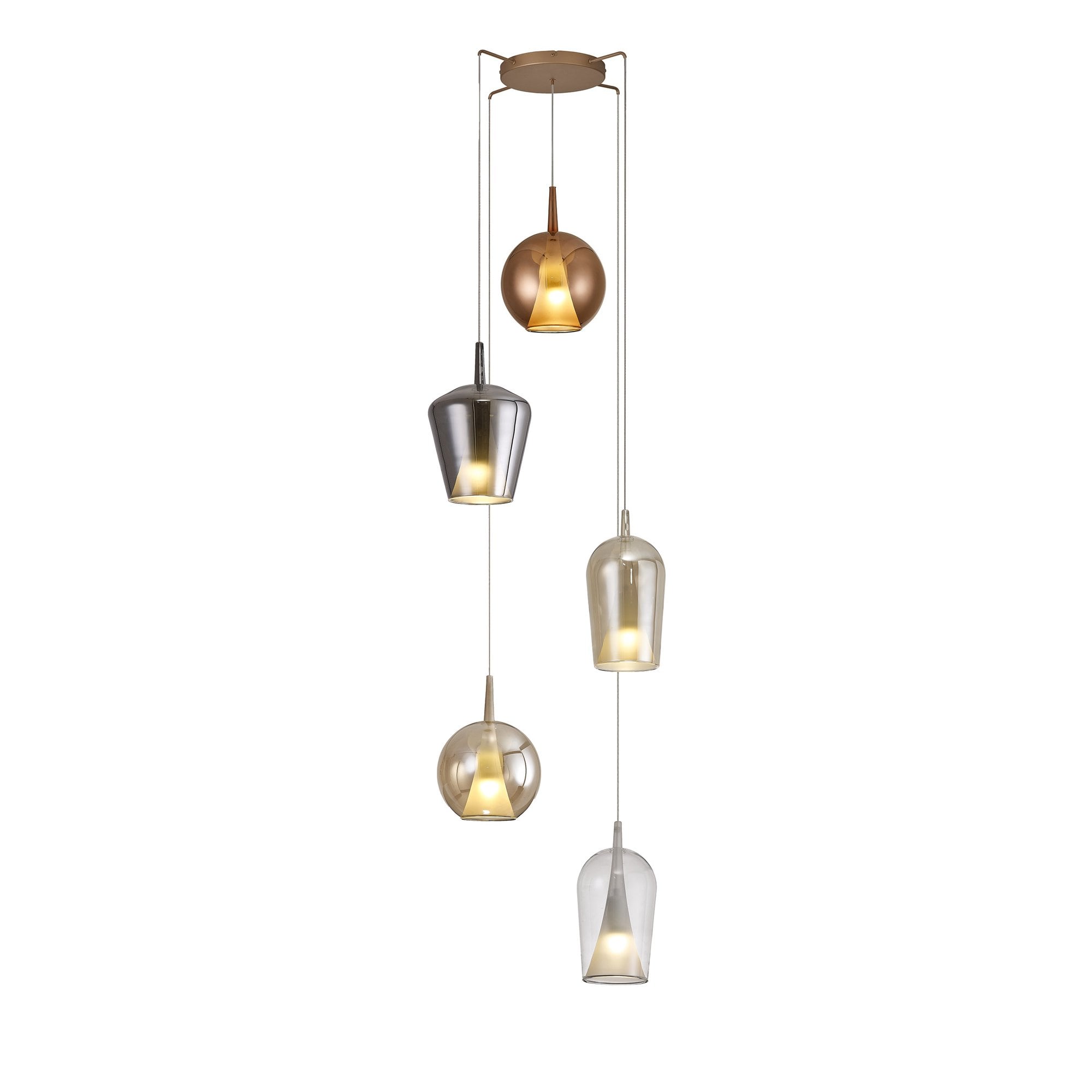 M8259 Elsa 5 Light Pendant With Mixed Shades Clear/Chrome/Bronze/Copper Glass With Frosted Inner Cone