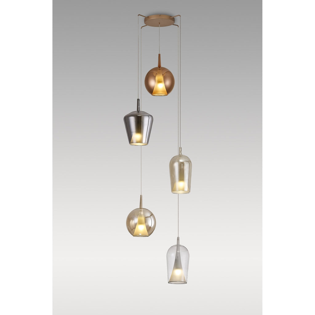 M8259 Elsa 5 Light Pendant With Mixed Shades Clear/Chrome/Bronze/Copper Glass With Frosted Inner Cone