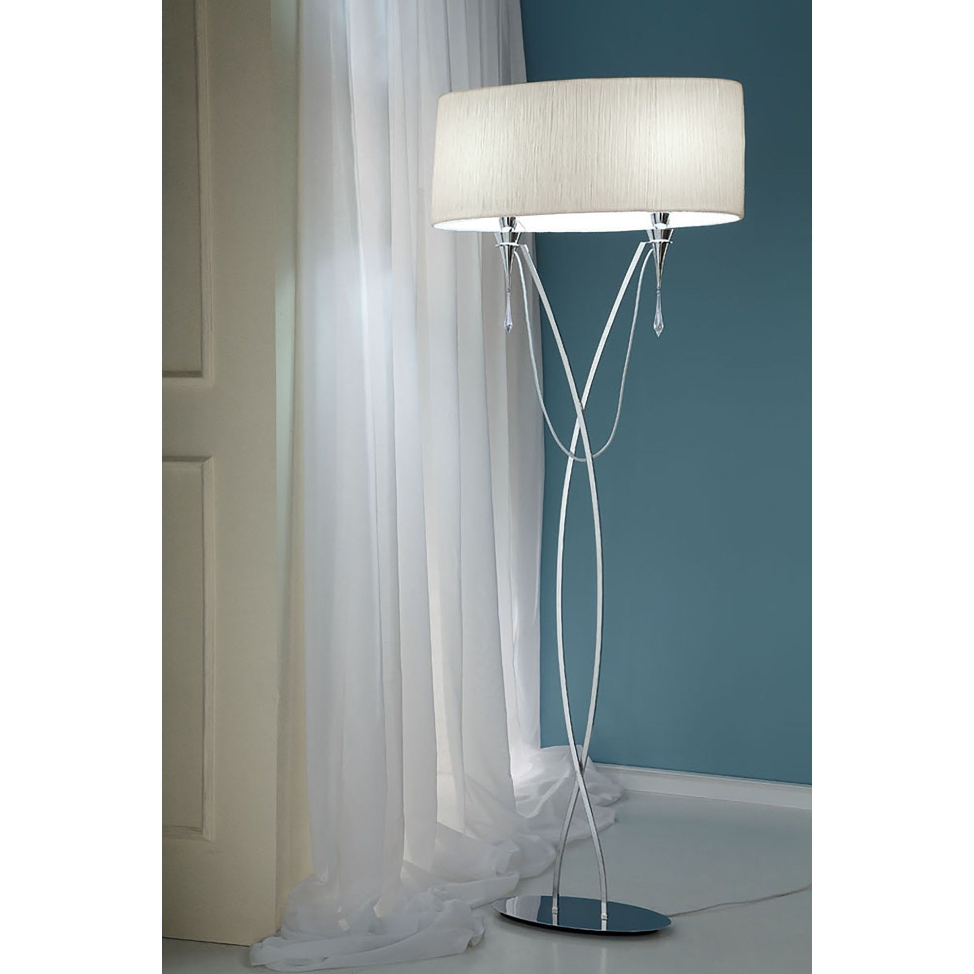 M1319 Lucca Floor Lamp 2 Light Polished Chrome With White Shade & Clear Crystal