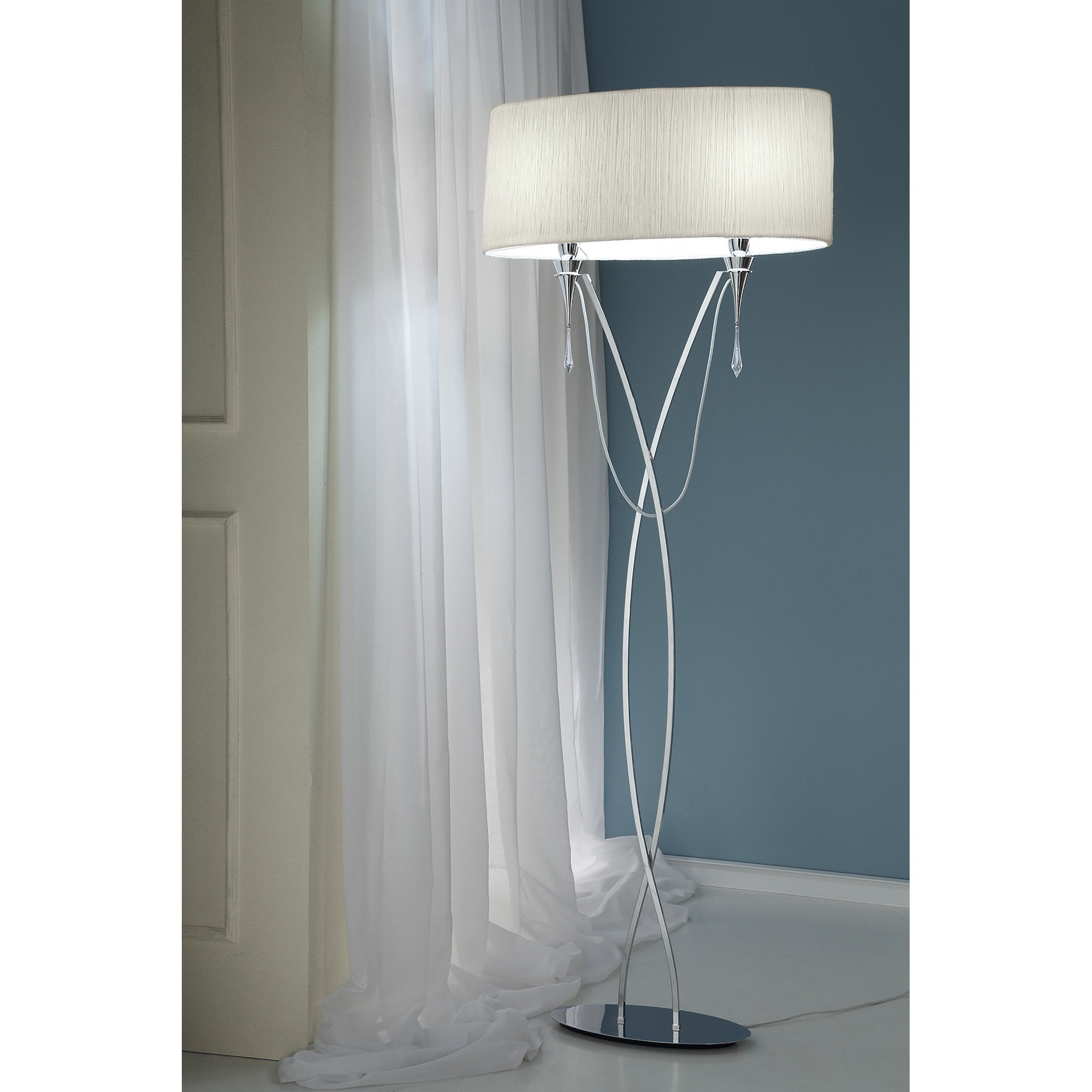 M1319 Lucca Floor Lamp 2 Light Polished Chrome With White Shade & Clear Crystal