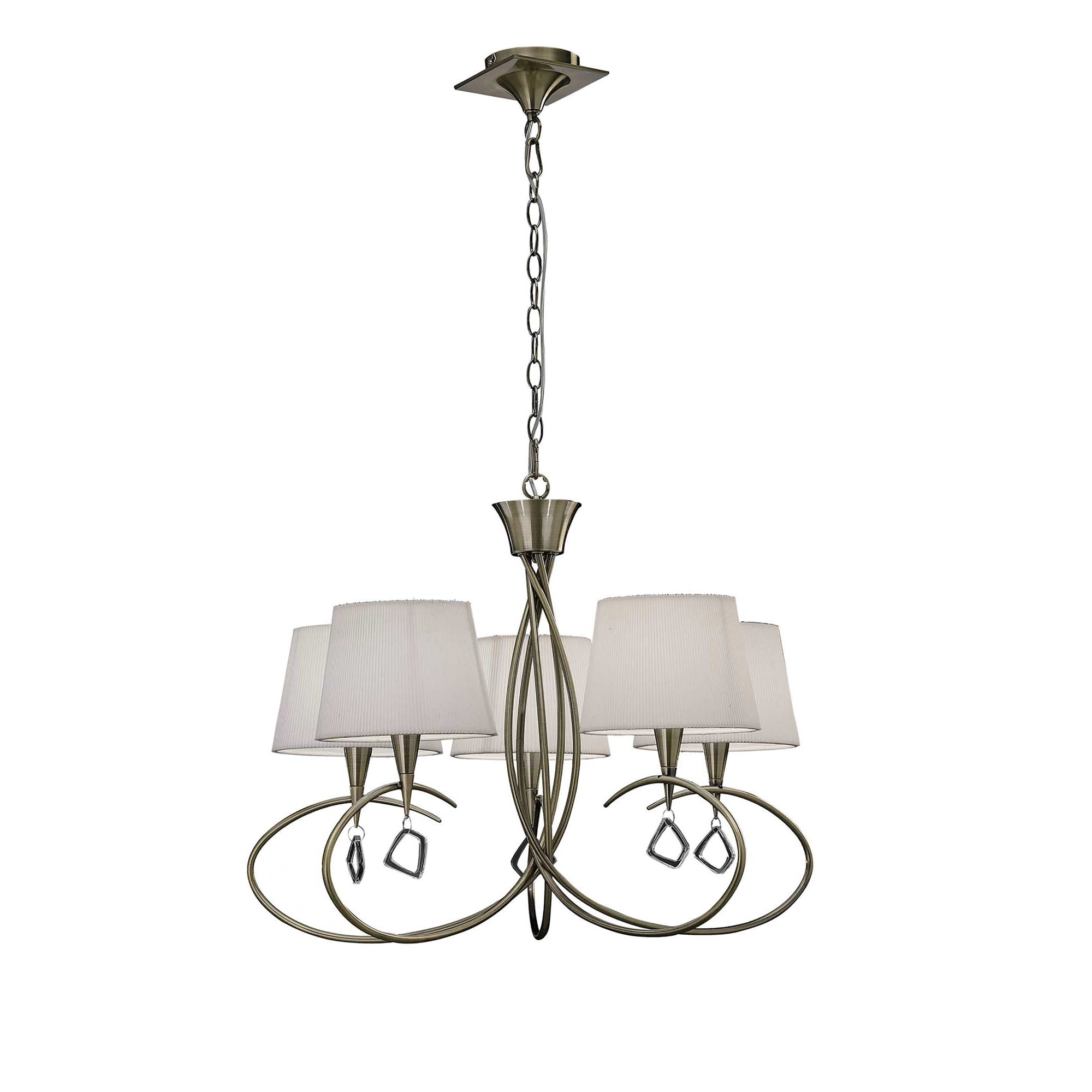 M1641AB Mara Pendant 5 Light Antique Brass With Ivory White Shades