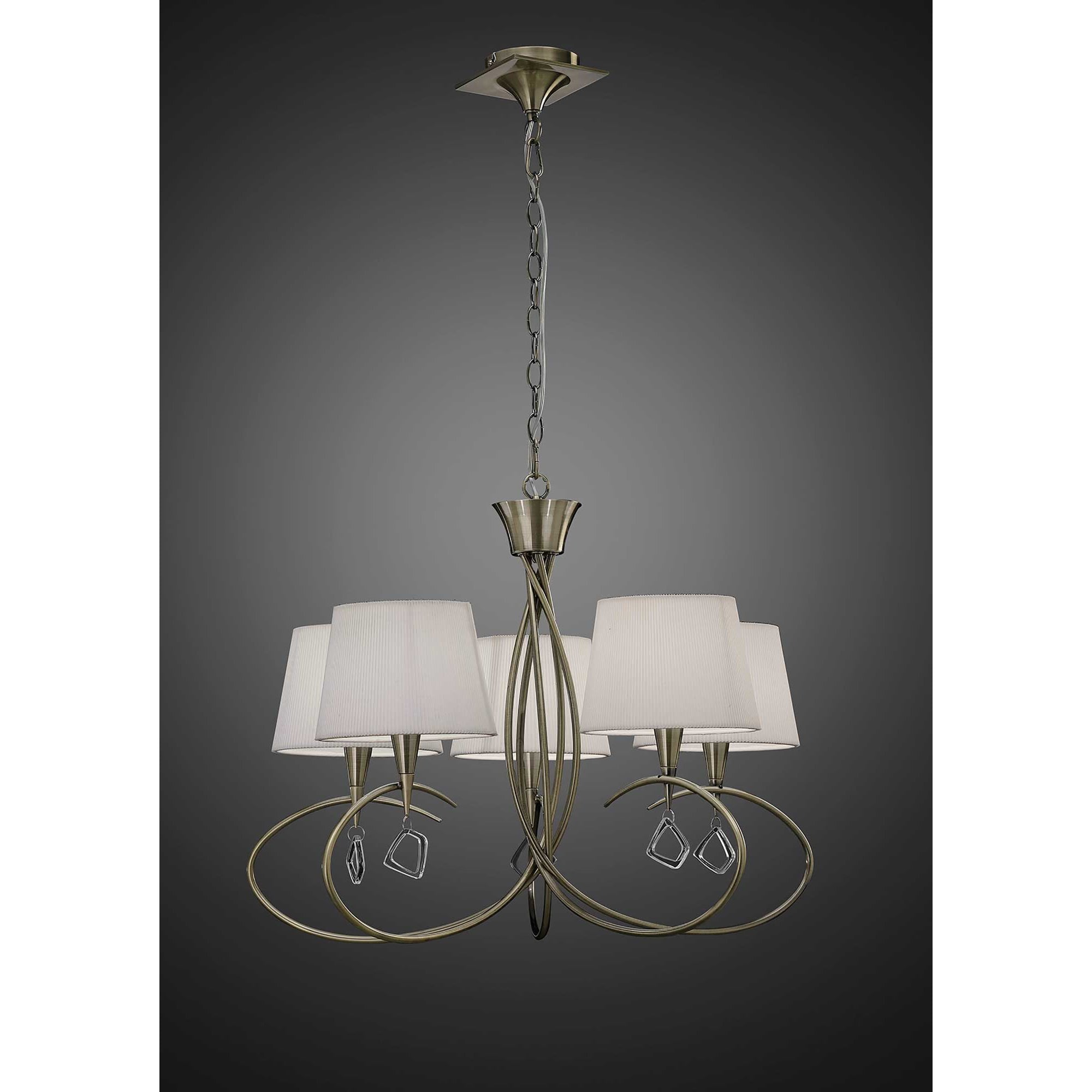 M1641AB Mara Pendant 5 Light Antique Brass With Ivory White Shades