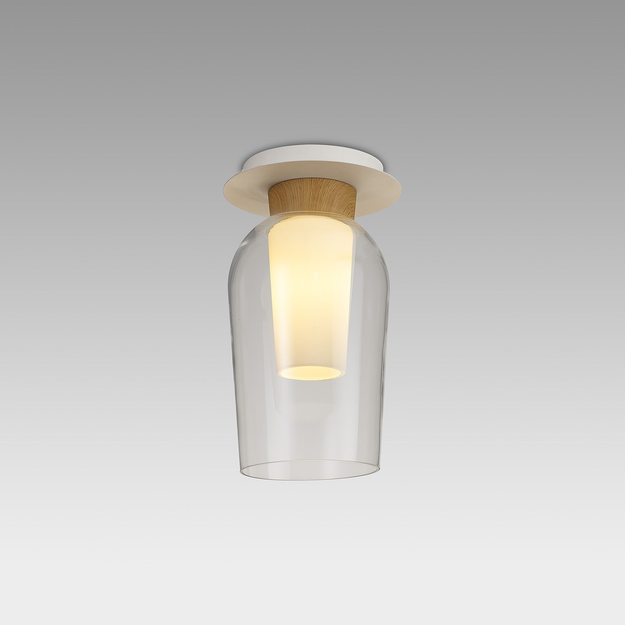 M8279 Nora 1 Light Semi Ceiling White/Wood/Clear Glass With Frosted Inner