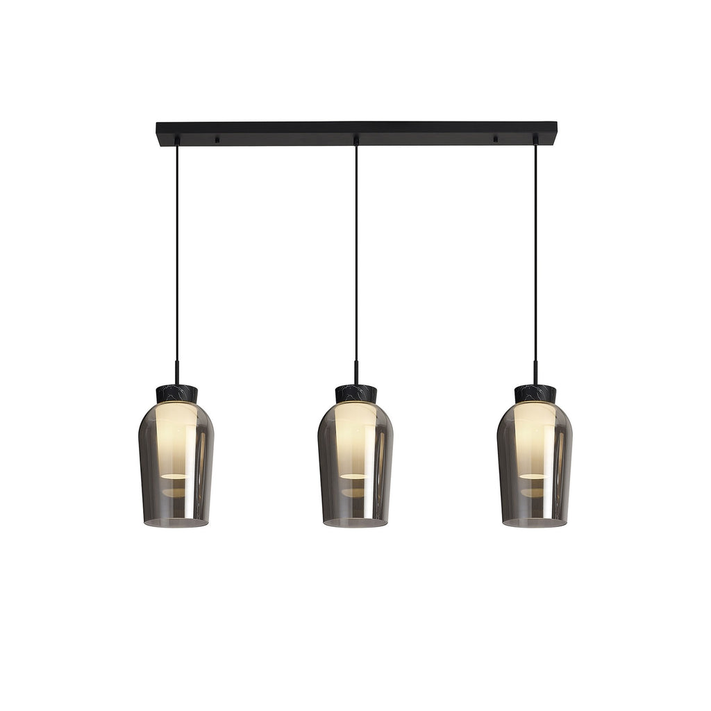M8285 Nora 3 Light Linear Pendant Black/Black Marble/Chrome Glass With Frosted Inner