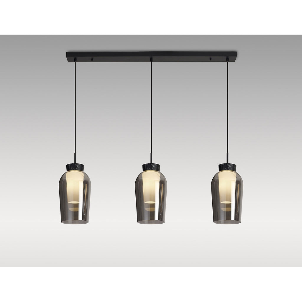 M8285 Nora 3 Light Linear Pendant Black/Black Marble/Chrome Glass With Frosted Inner