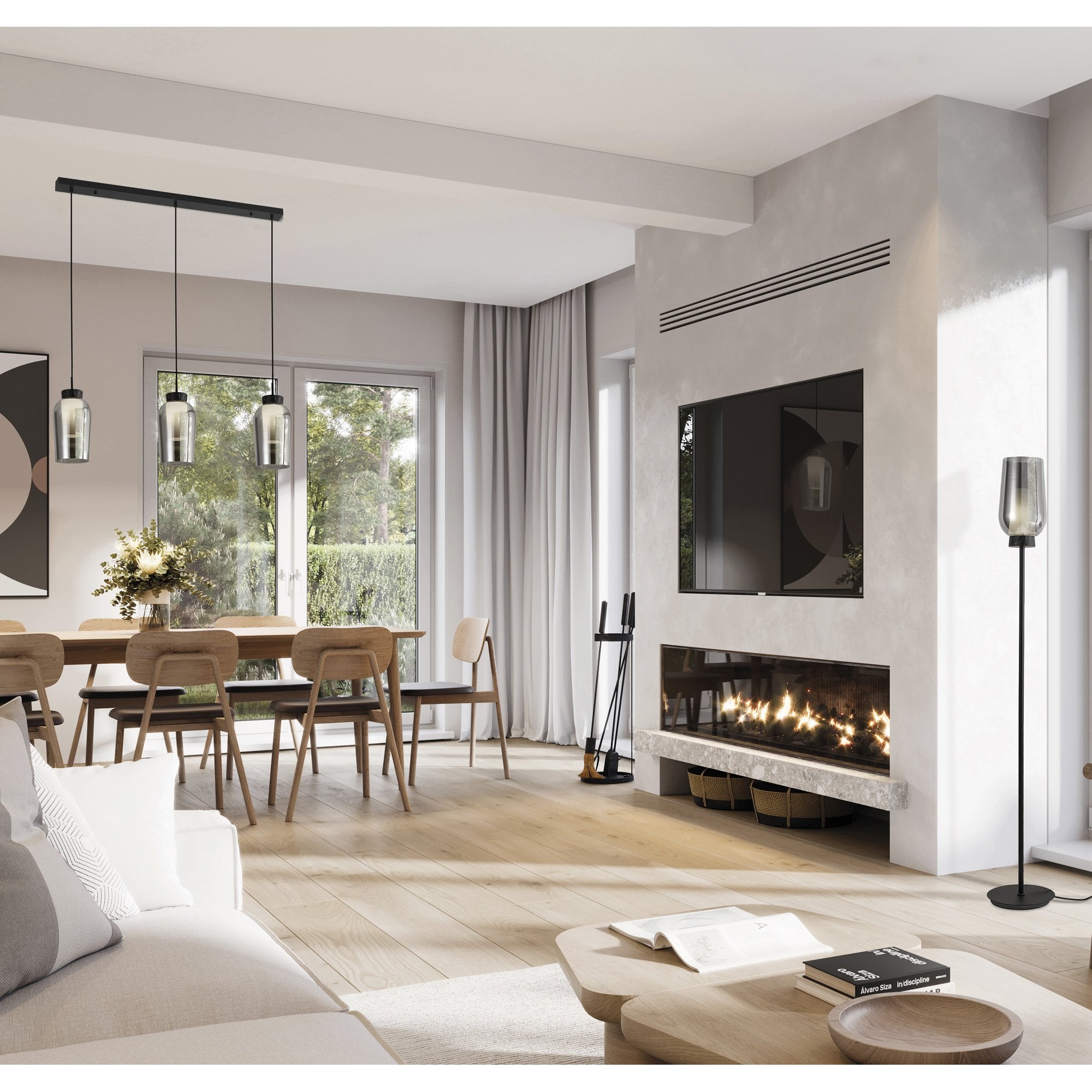 M8285 Nora 3 Light Linear Pendant Black/Black Marble/Chrome Glass With Frosted Inner