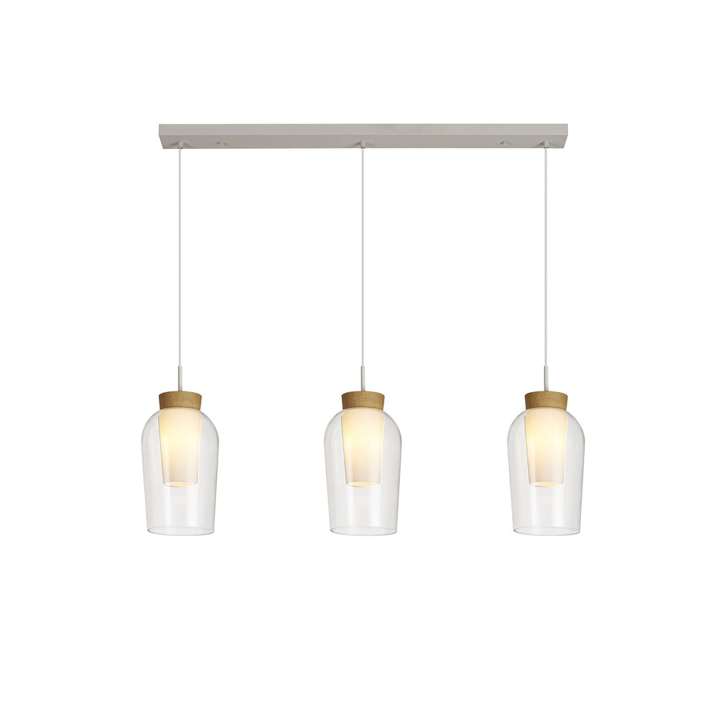 M8277 Nora 3 Light Linear Pendant White/Wood/Clear Glass With Frosted Inner