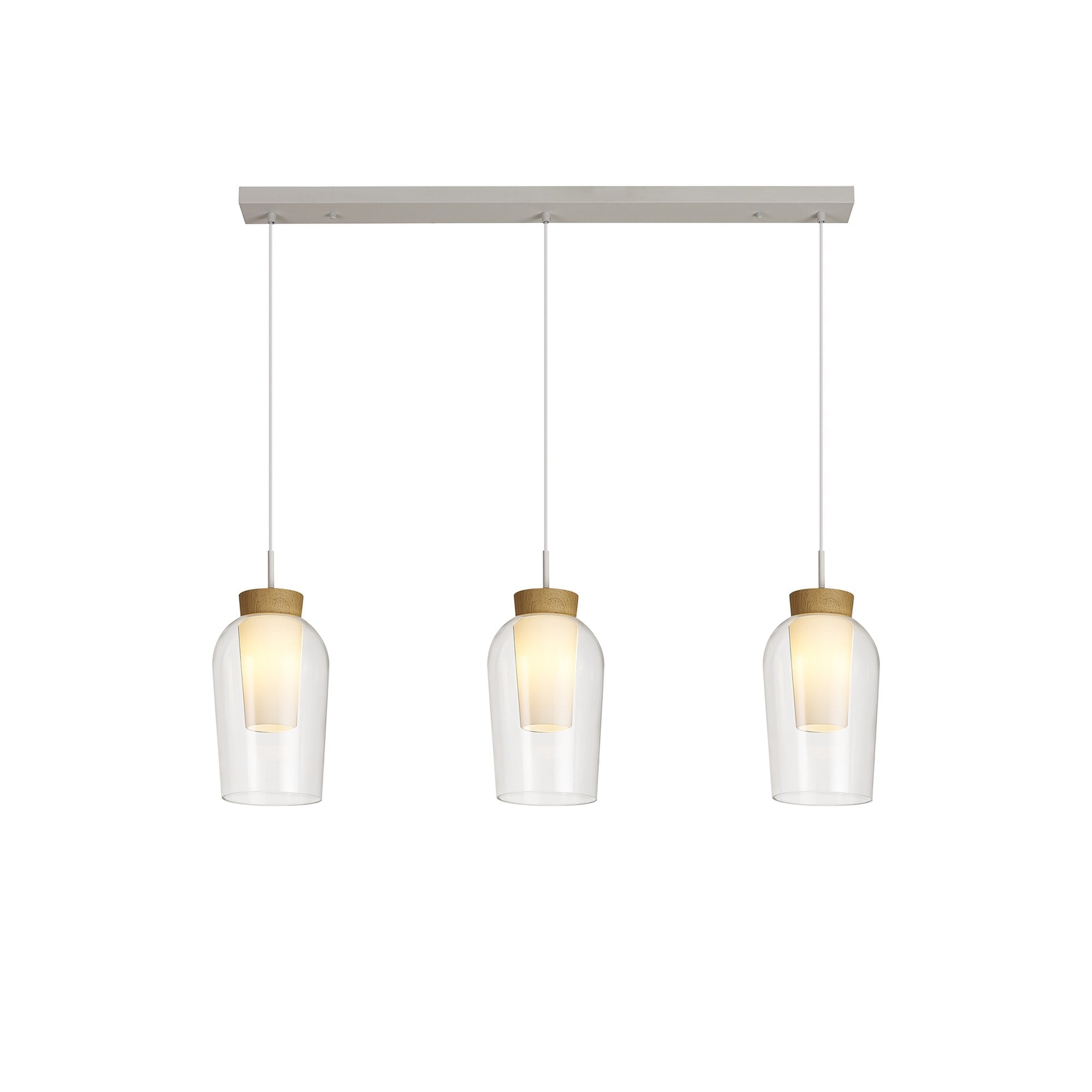 M8277 Nora 3 Light Linear Pendant White/Wood/Clear Glass With Frosted Inner
