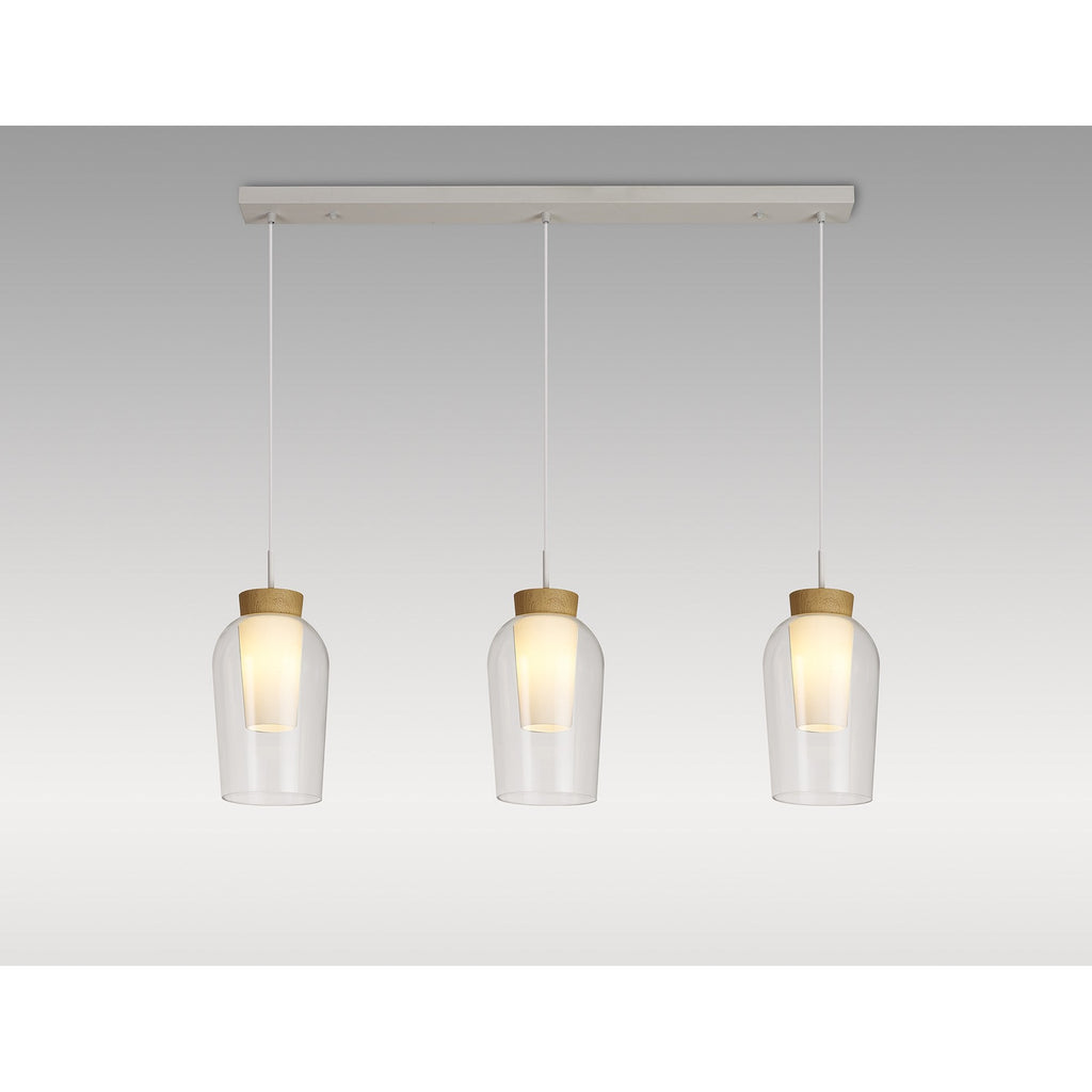 M8277 Nora 3 Light Linear Pendant White/Wood/Clear Glass With Frosted Inner