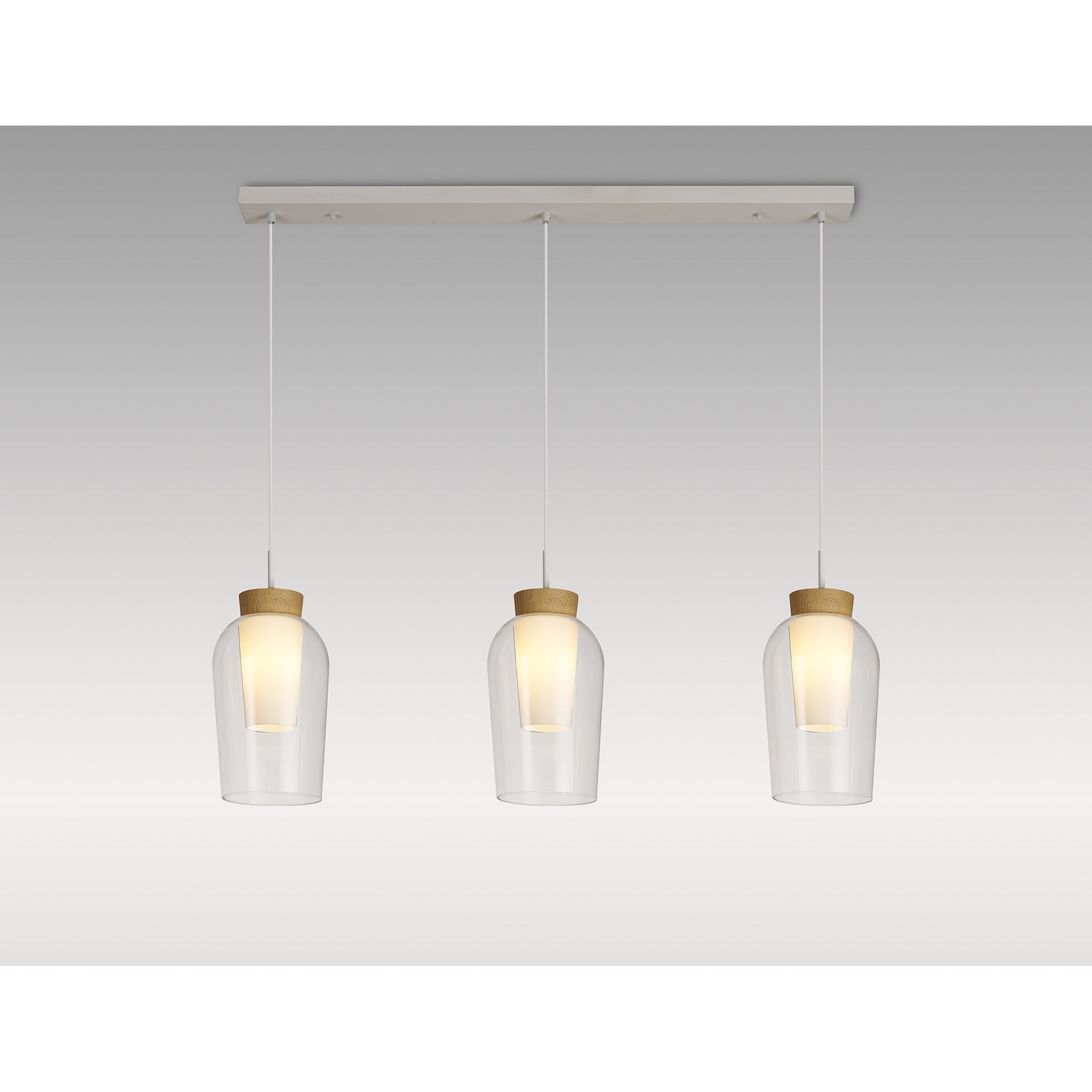 M8277 Nora 3 Light Linear Pendant White/Wood/Clear Glass With Frosted Inner