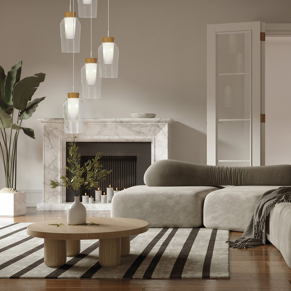 M8277 Nora 3 Light Linear Pendant White/Wood/Clear Glass With Frosted Inner