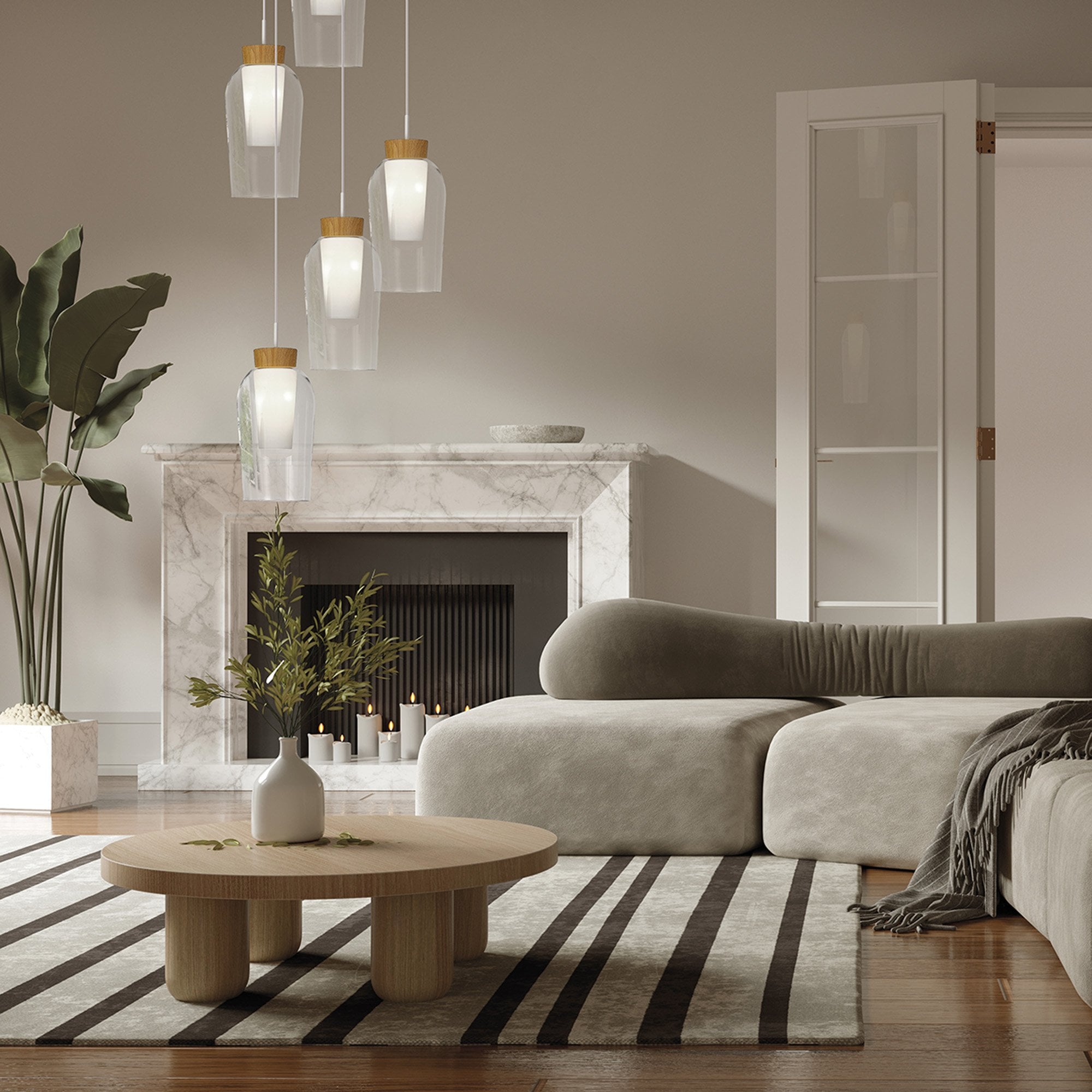 M8277 Nora 3 Light Linear Pendant White/Wood/Clear Glass With Frosted Inner