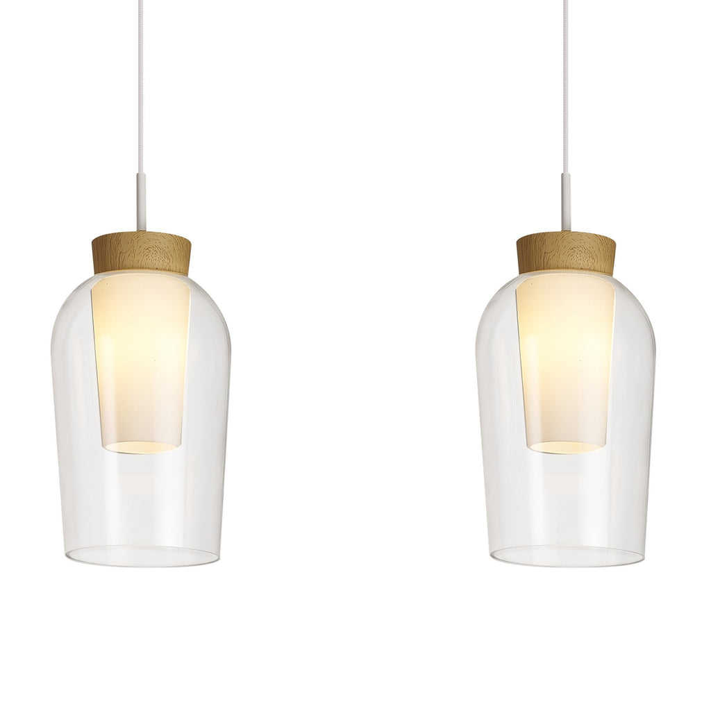 M8277 Nora 3 Light Linear Pendant White/Wood/Clear Glass With Frosted Inner