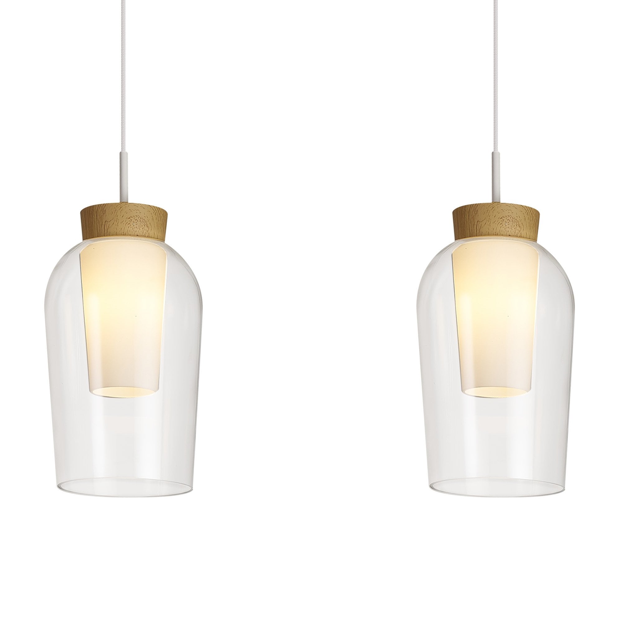 M8277 Nora 3 Light Linear Pendant White/Wood/Clear Glass With Frosted Inner