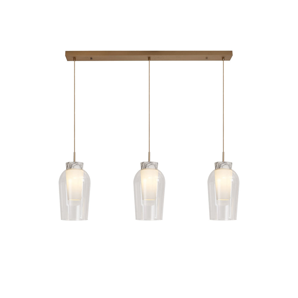 M8397 Nora 3 Light Linear Pendant Gold/White/Clear Glass With Frosted Inner