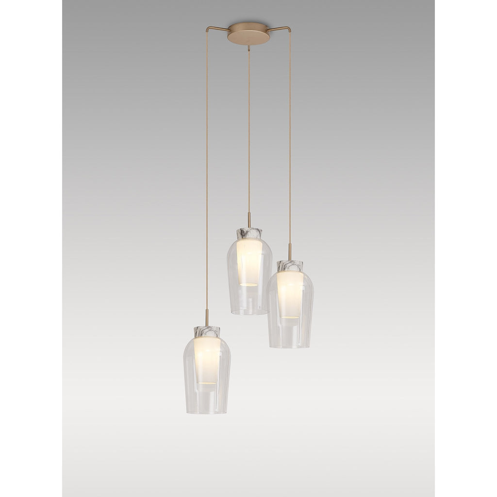 M8396 Nora 3 Light Round Pendant Gold/White/Clear Glass With Frosted Inner