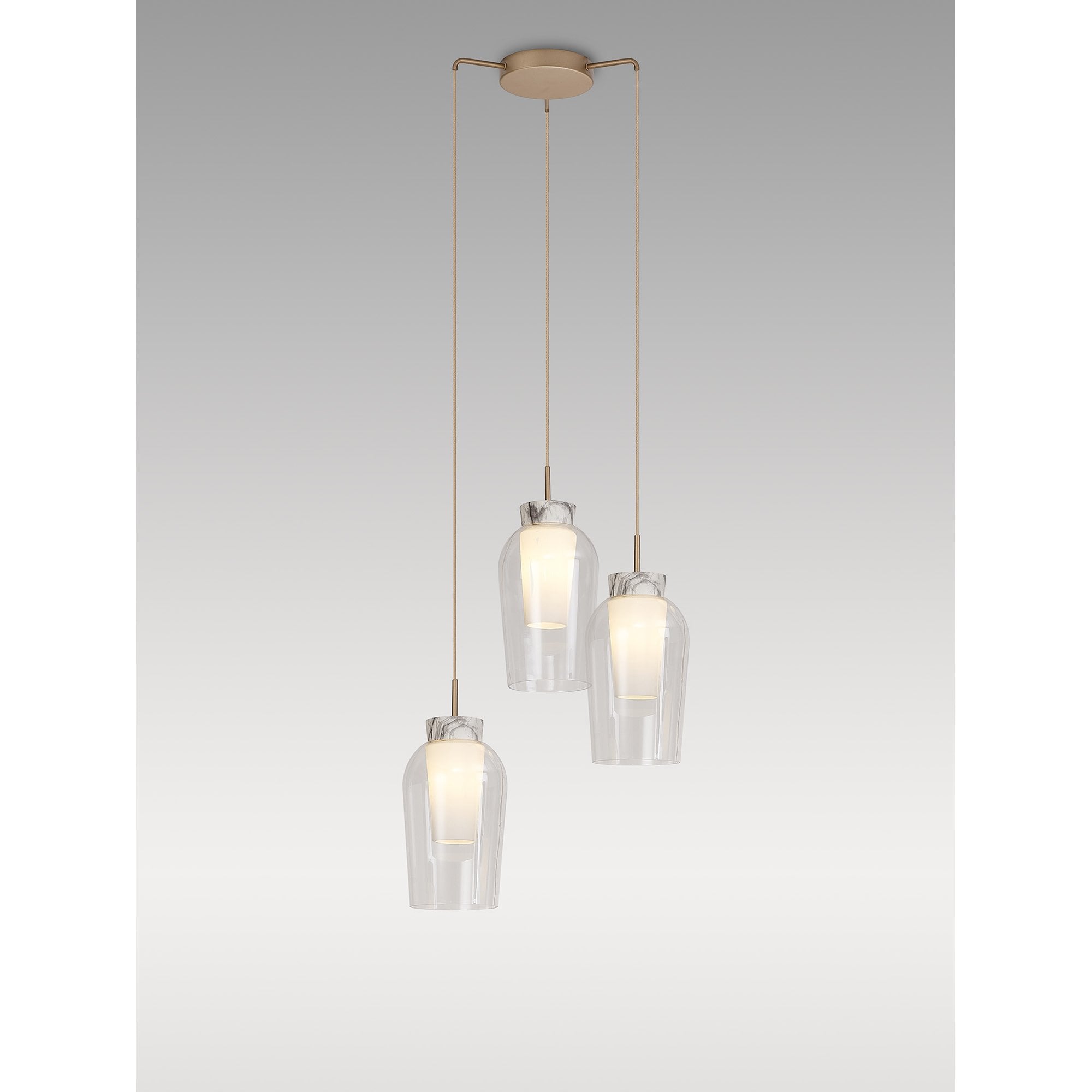 M8396 Nora 3 Light Round Pendant Gold/White/Clear Glass With Frosted Inner