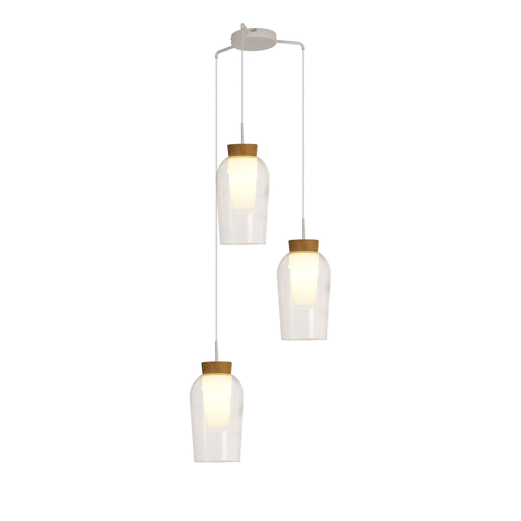 M8276 Nora 3 Light Round Pendant White/Wood/Clear Glass With Frosted Inner