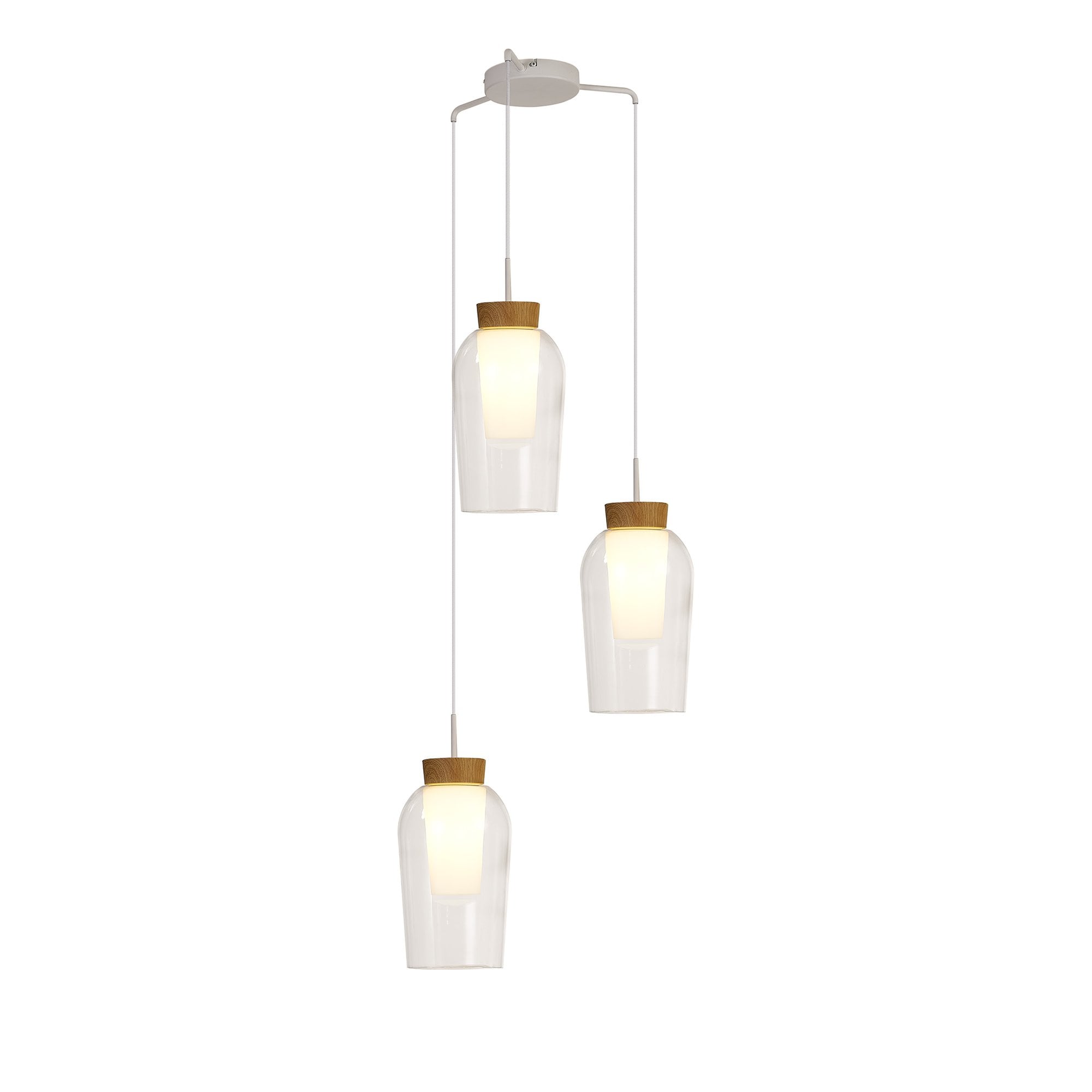 M8276 Nora 3 Light Round Pendant White/Wood/Clear Glass With Frosted Inner