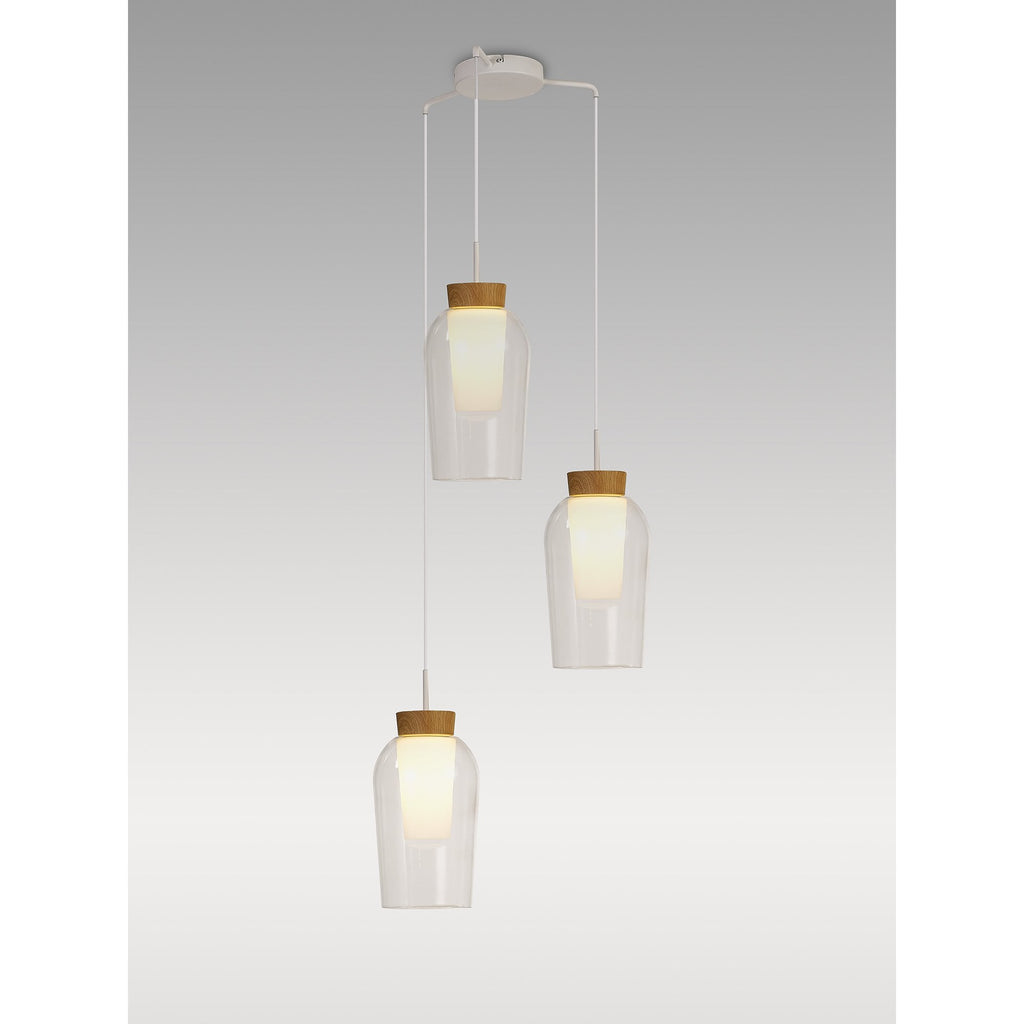M8276 Nora 3 Light Round Pendant White/Wood/Clear Glass With Frosted Inner