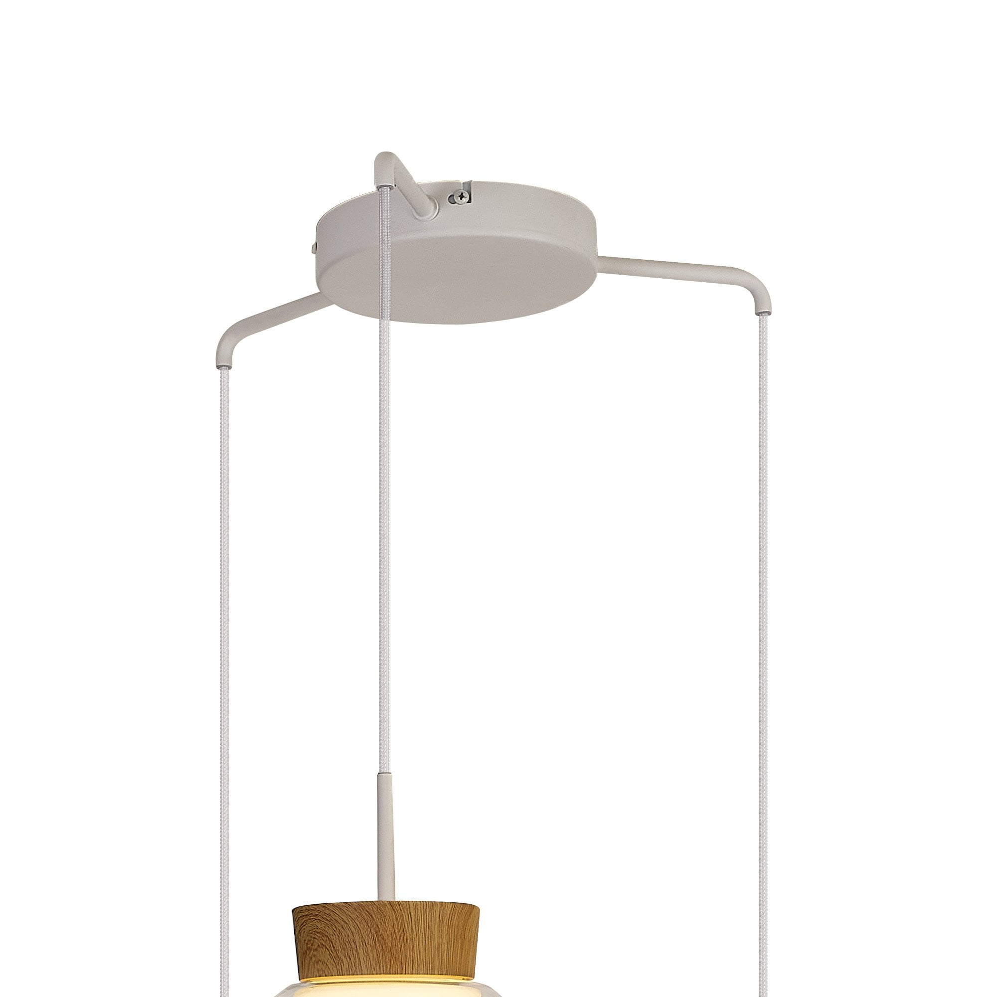M8276 Nora 3 Light Round Pendant White/Wood/Clear Glass With Frosted Inner