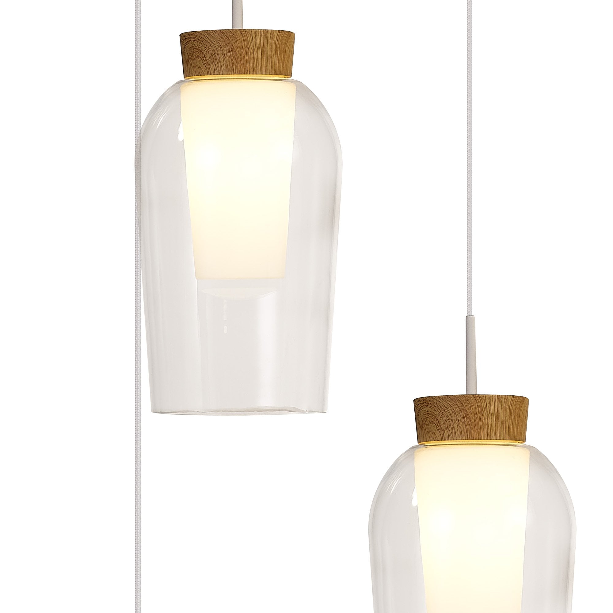 M8276 Nora 3 Light Round Pendant White/Wood/Clear Glass With Frosted Inner